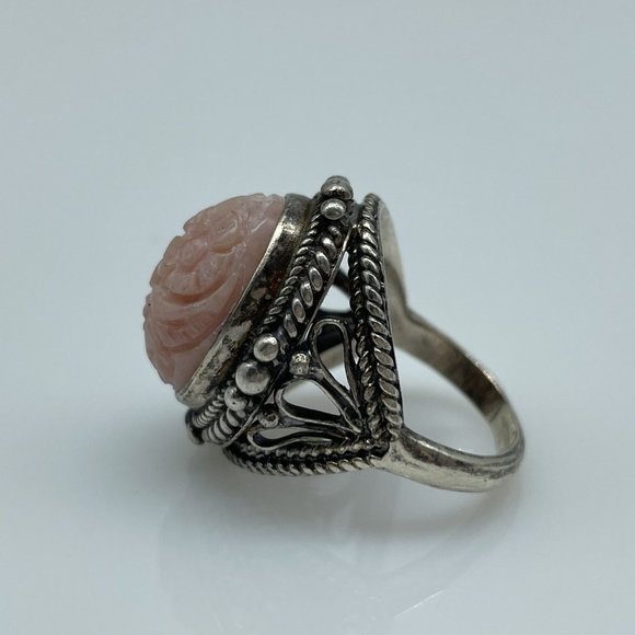 Vintage Pink Carved Stone Cab Flowers Bali Design Sterling Silver SIZE 5.25 Ring - Picture 4 of 5
